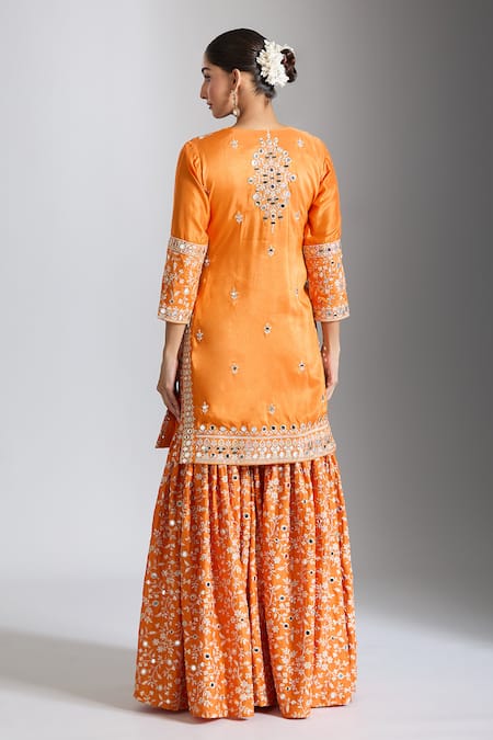 Gopi Vaid Mirror Embellished Orange Kurta Sharara Set 