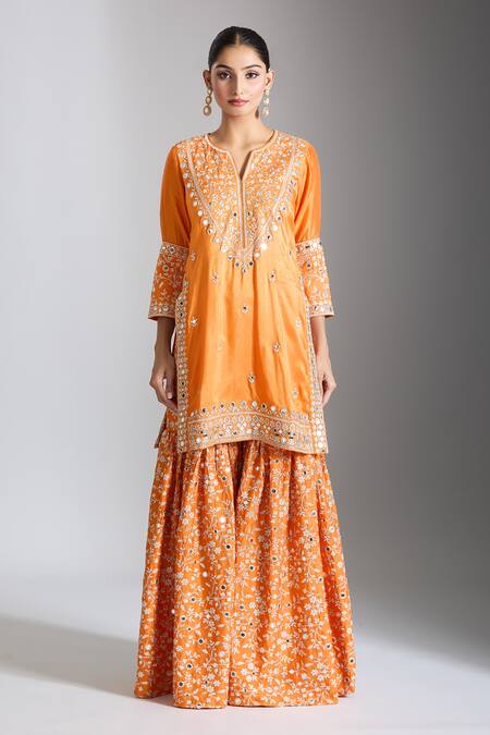 Shop Gopi Vaid Orange Tussar, Net Embroidery, Mirrors Round Neck Embellished Kurta Sharara Set Online at Aza Fashions Shop_Gopi Vaid_Orange Tussar, Net Embroidery, Mirrors Round Neck Embellished Kurta Sharara Set _Online_at_Aza_Fashions