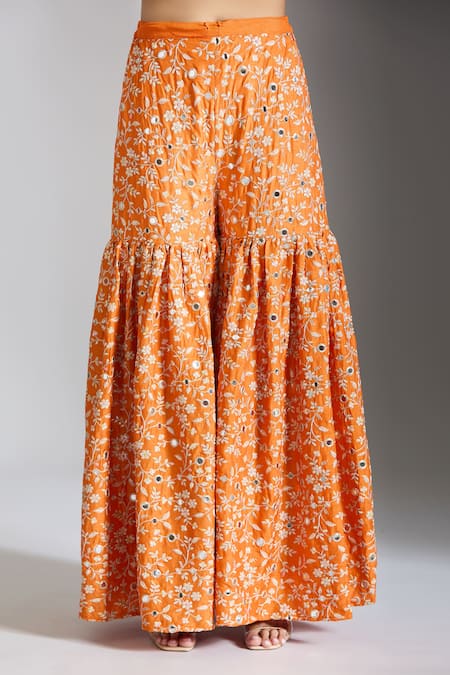 Gopi Vaid Orange Tussar, Net Embroidery, Mirrors Round Neck Embellished Kurta Sharara Set at Aza Fashions Gopi Vaid_Orange Tussar, Net Embroidery, Mirrors Round Neck Embellished Kurta Sharara Set _at_Aza_Fashions