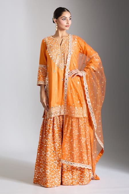 Buy Gopi Vaid Orange Tussar, Net Embroidery, Mirrors Round Neck Embellished Kurta Sharara Set Buy_Gopi Vaid_Orange Tussar, Net Embroidery, Mirrors Round Neck Embellished Kurta Sharara Set