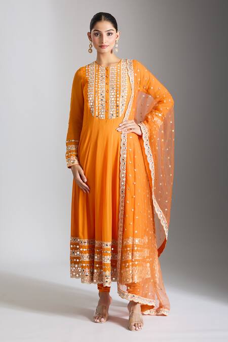 Buy Gopi Vaid Orange Georgette, Lycra, Net Mirrors, Embroidery Round Embellished Anarkali Set Online at Aza Fashions Buy_Gopi Vaid_Orange Georgette, Lycra, Net Mirrors, Embroidery Round Embellished Anarkali Set _Online_at_Aza_Fashions