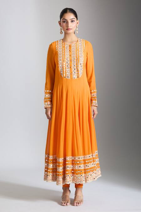 Shop Gopi Vaid Orange Georgette, Lycra, Net Mirrors, Embroidery Round Embellished Anarkali Set Online at Aza Fashions Shop_Gopi Vaid_Orange Georgette, Lycra, Net Mirrors, Embroidery Round Embellished Anarkali Set _Online_at_Aza_Fashions