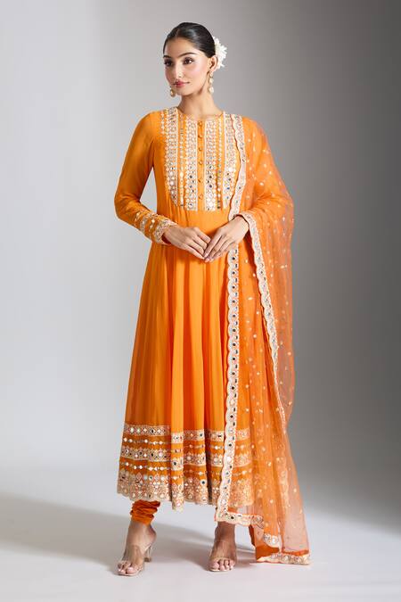 Buy Gopi Vaid Orange Georgette, Lycra, Net Mirrors, Embroidery Round Embellished Anarkali Set Buy_Gopi Vaid_Orange Georgette, Lycra, Net Mirrors, Embroidery Round Embellished Anarkali Set