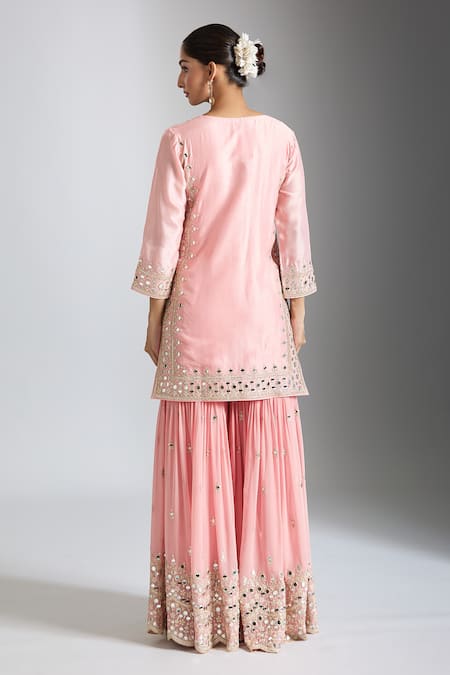 Shop_Gopi Vaid_Pink Organza, Tussar, Georgette Embroidery, Mirrors Embellished Sharara Set _at_Aza_Fashions