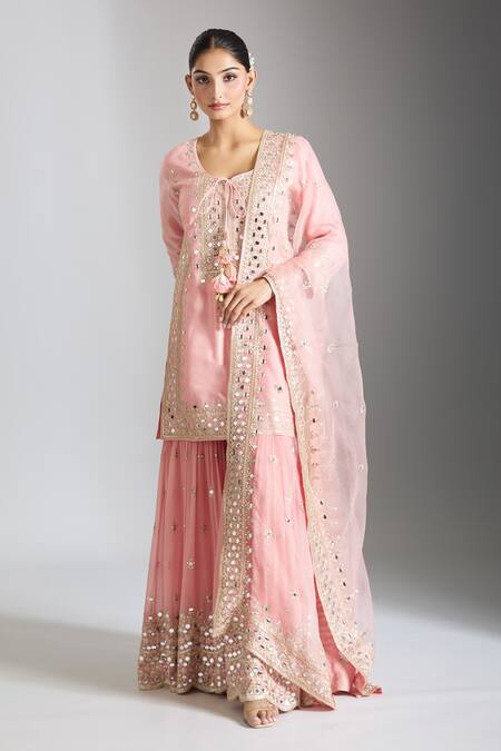 Gopi Vaid_Pink Organza, Tussar, Georgette Embroidery, Mirrors Embellished Sharara Set _Online_at_Aza_Fashions