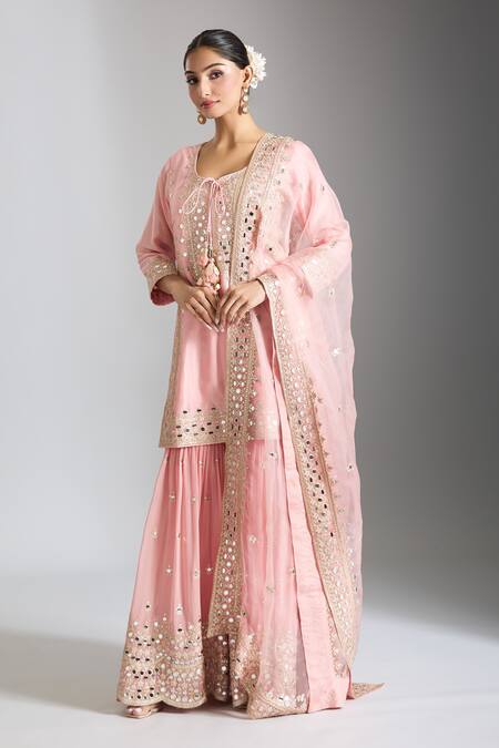 Gopi Vaid_Pink Organza, Tussar, Georgette Embroidery, Mirrors Embellished Sharara Set _at_Aza_Fashions