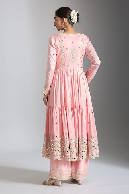 Shop_Gopi Vaid_Pink Tussar, Organza, Satin Sequins, Mirrors, Embellished Tiered Anarkali Set _at_Aza_Fashions