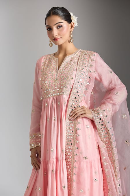 Gopi Vaid_Pink Tussar, Organza, Satin Sequins, Mirrors, Embellished Tiered Anarkali Set _Online_at_Aza_Fashions