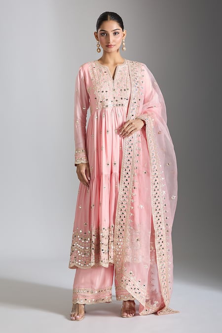 Shop_Gopi Vaid_Pink Tussar, Organza, Satin Sequins, Mirrors, Embellished Tiered Anarkali Set _Online_at_Aza_Fashions