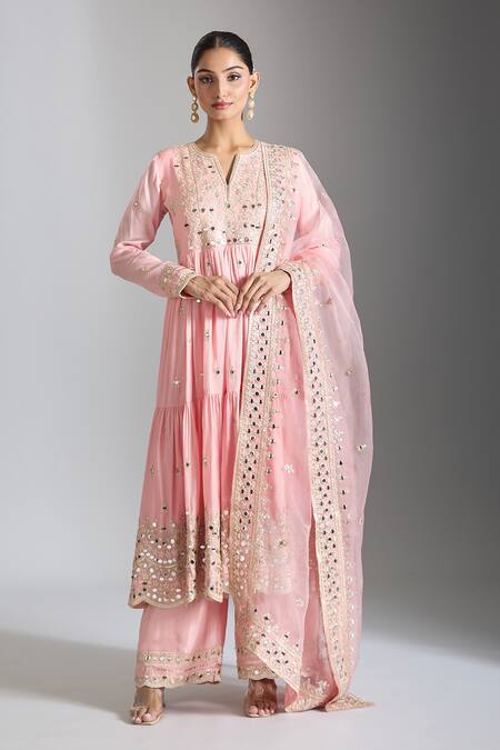 Gopi Vaid_Pink Tussar, Organza, Satin Sequins, Mirrors, Embellished Tiered Anarkali Set _at_Aza_Fashions