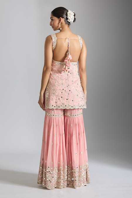 Shop_Gopi Vaid_Pink Tussar, Georgette, Net Mirrors, Floral Embellished Kurta Sharara Set _at_Aza_Fashions