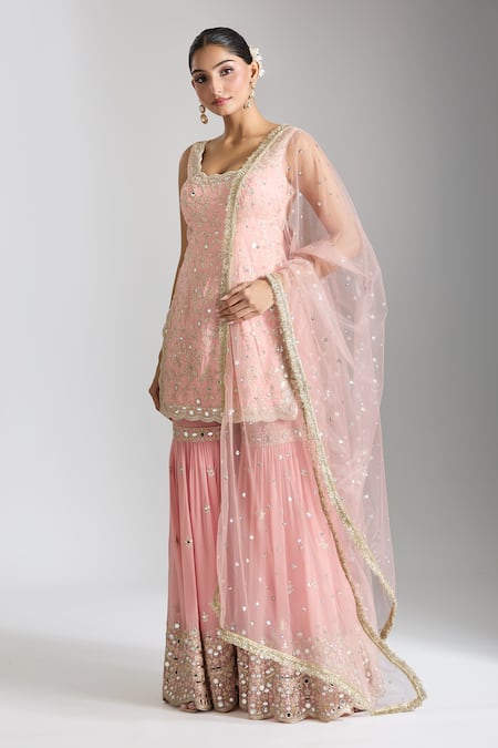 Gopi Vaid_Pink Tussar, Georgette, Net Mirrors, Floral Embellished Kurta Sharara Set _Online_at_Aza_Fashions