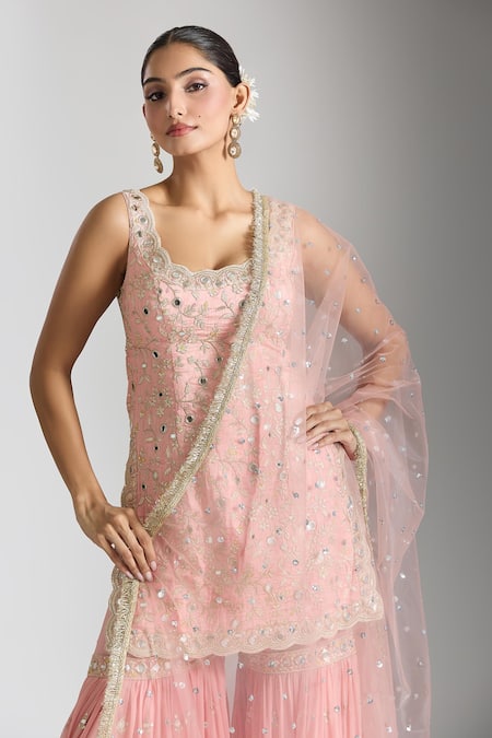 Buy_Gopi Vaid_Pink Tussar, Georgette, Net Mirrors, Floral Embellished Kurta Sharara Set _Online_at_Aza_Fashions