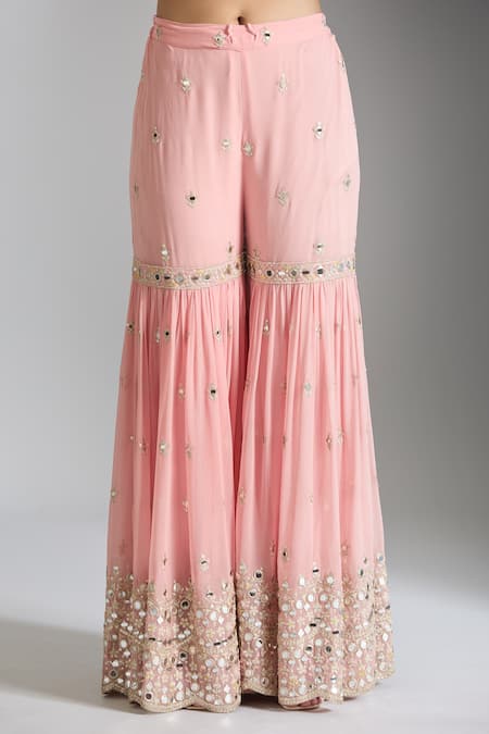 Gopi Vaid_Pink Tussar, Georgette, Net Mirrors, Floral Embellished Kurta Sharara Set _at_Aza_Fashions