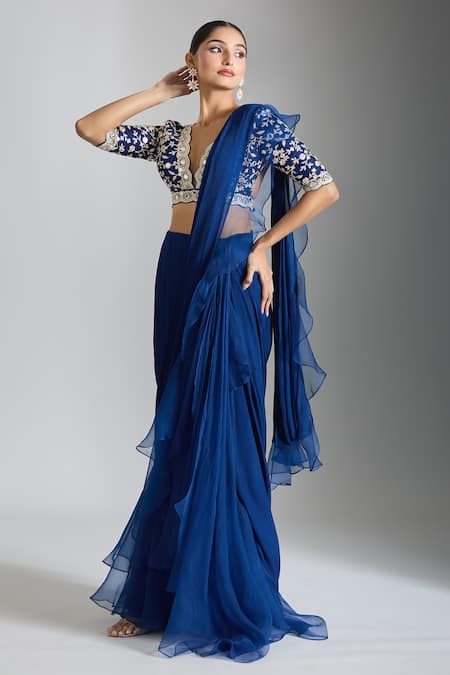 Gopi Vaid Layered Ruffle Pre-Draped Saree With Embroidered Blouse 