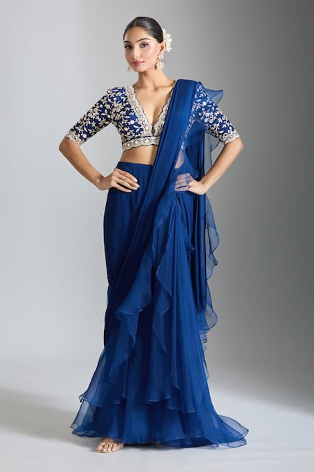Buy_Gopi Vaid_Blue Tussar, Organza, Chiffon Sequins, Layered Ruffle Pre-draped Saree And Blouse _Online_at_Aza_Fashions
