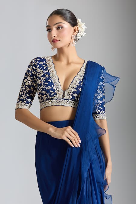 Shop_Gopi Vaid_Blue Tussar, Organza, Chiffon Sequins, Layered Ruffle Pre-draped Saree And Blouse _Online_at_Aza_Fashions