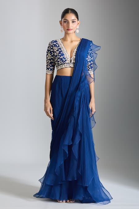 Gopi Vaid_Blue Tussar, Organza, Chiffon Sequins, Layered Ruffle Pre-draped Saree And Blouse _at_Aza_Fashions