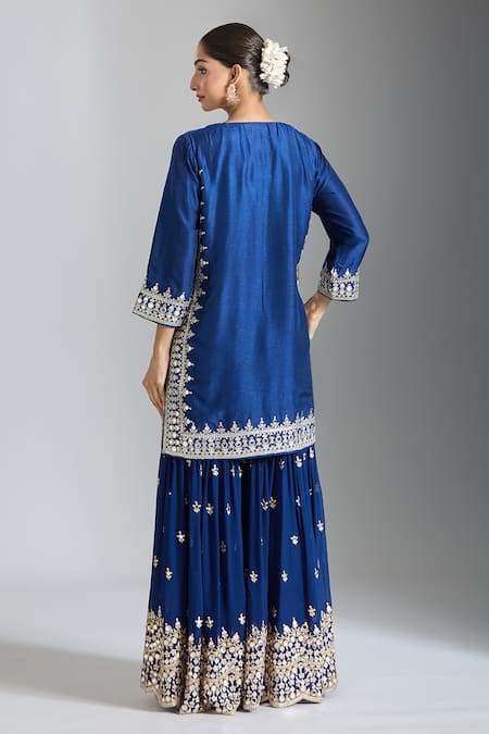 Shop_Gopi Vaid_Blue Tussar, Georgette, Organza Sequins, Mirrors, Geometric Kurta Sharara Set _at_Aza_Fashions