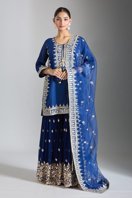 Gopi Vaid_Blue Tussar, Georgette, Organza Sequins, Mirrors, Geometric Kurta Sharara Set _Online_at_Aza_Fashions