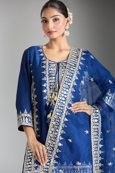 Buy_Gopi Vaid_Blue Tussar, Georgette, Organza Sequins, Mirrors, Geometric Kurta Sharara Set _Online_at_Aza_Fashions