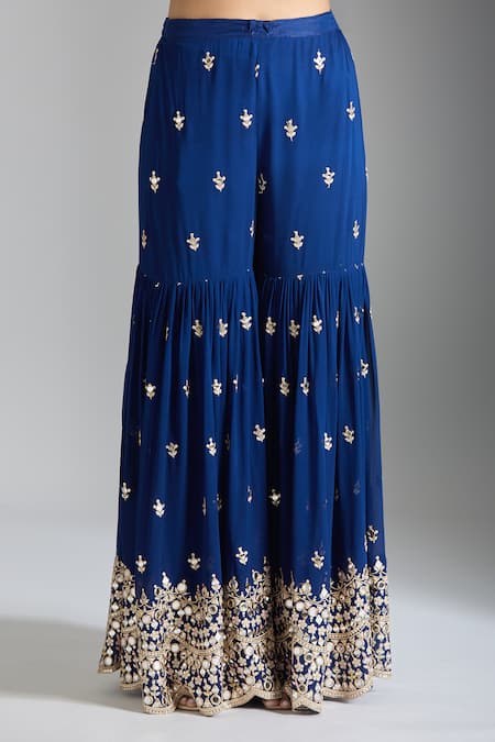 Gopi Vaid_Blue Tussar, Georgette, Organza Sequins, Mirrors, Geometric Kurta Sharara Set _at_Aza_Fashions