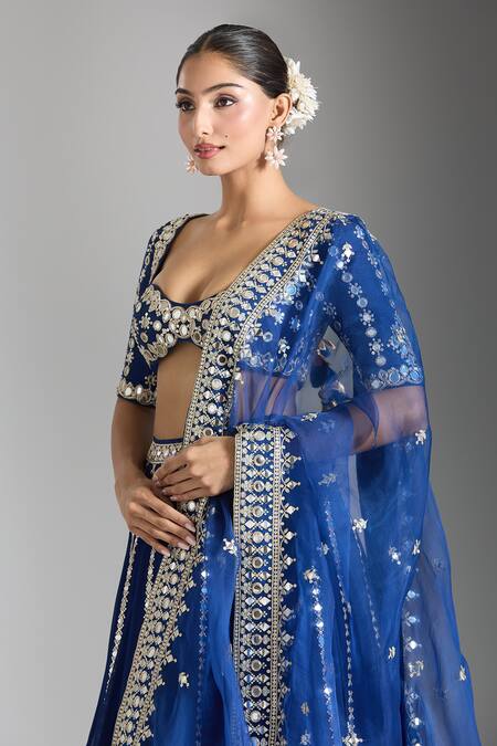 Shop_Gopi Vaid_Blue Tussar, Organza Beads, Embroidery, Mirrors Sweetheart Neck Work Lehenga Set _Online_at_Aza_Fashions