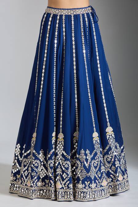 Gopi Vaid_Blue Tussar, Organza Beads, Embroidery, Mirrors Sweetheart Neck Work Lehenga Set _at_Aza_Fashions