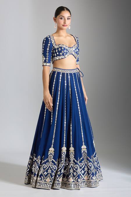 Buy_Gopi Vaid_Blue Tussar, Organza Beads, Embroidery, Mirrors Sweetheart Neck Work Lehenga Set 