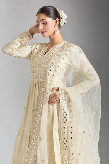 Gopi Vaid Ivory Tussar, Organza, Satin Mirrors, Sequins, Floral Work Anarkali Pant Set Online at Aza Fashions Gopi Vaid_Ivory Tussar, Organza, Satin Mirrors, Sequins, Floral Work Anarkali Pant Set _Online_at_Aza_Fashions