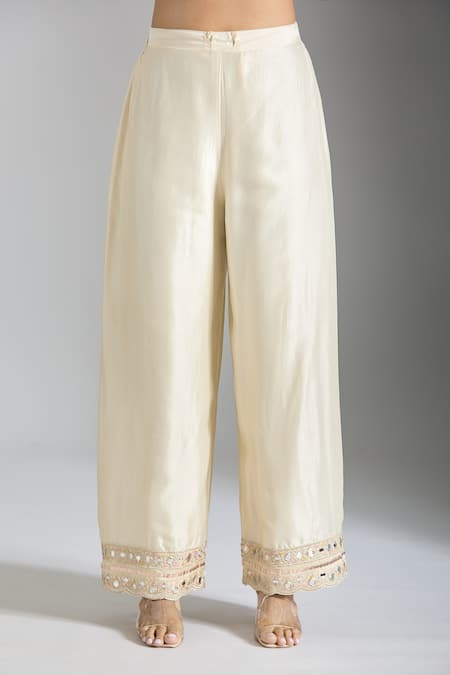 Buy Gopi Vaid Ivory Tussar, Organza, Satin Mirrors, Sequins, Floral Work Anarkali Pant Set Online at Aza Fashions Buy_Gopi Vaid_Ivory Tussar, Organza, Satin Mirrors, Sequins, Floral Work Anarkali Pant Set _Online_at_Aza_Fashions