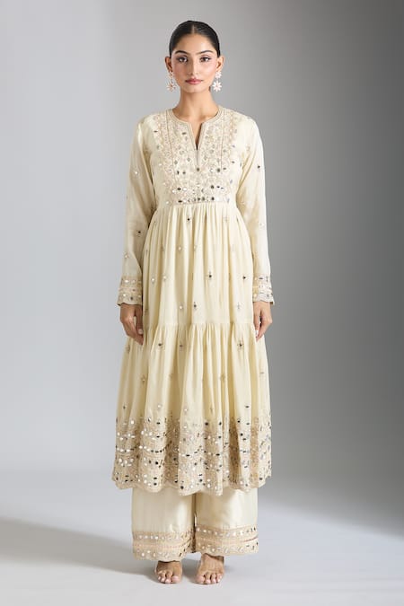 Shop Gopi Vaid Ivory Tussar, Organza, Satin Mirrors, Sequins, Floral Work Anarkali Pant Set Online at Aza Fashions Shop_Gopi Vaid_Ivory Tussar, Organza, Satin Mirrors, Sequins, Floral Work Anarkali Pant Set _Online_at_Aza_Fashions