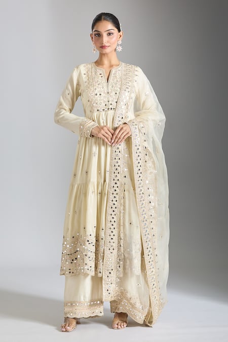 Gopi Vaid Ivory Tussar, Organza, Satin Mirrors, Sequins, Floral Work Anarkali Pant Set at Aza Fashions Gopi Vaid_Ivory Tussar, Organza, Satin Mirrors, Sequins, Floral Work Anarkali Pant Set _at_Aza_Fashions
