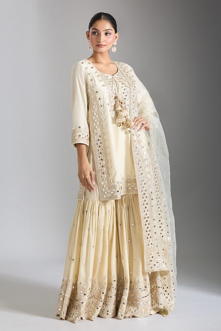 Gopi Vaid_Ivory Silk, Georgette, Organza Embroidery, Geometric Work Kurta Sharara Set _Online_at_Aza_Fashions