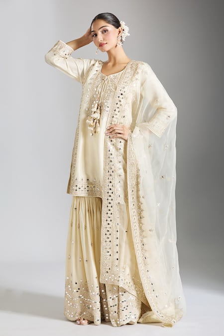 Buy_Gopi Vaid_Ivory Silk, Georgette, Organza Embroidery, Geometric Work Kurta Sharara Set _Online_at_Aza_Fashions
