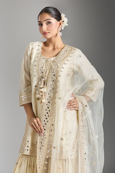 Shop_Gopi Vaid_Ivory Silk, Georgette, Organza Embroidery, Geometric Work Kurta Sharara Set _Online_at_Aza_Fashions