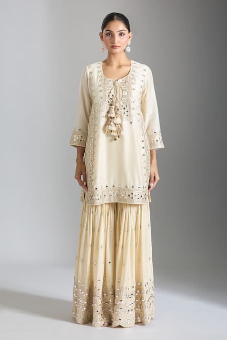 Gopi Vaid_Ivory Silk, Georgette, Organza Embroidery, Geometric Work Kurta Sharara Set _at_Aza_Fashions