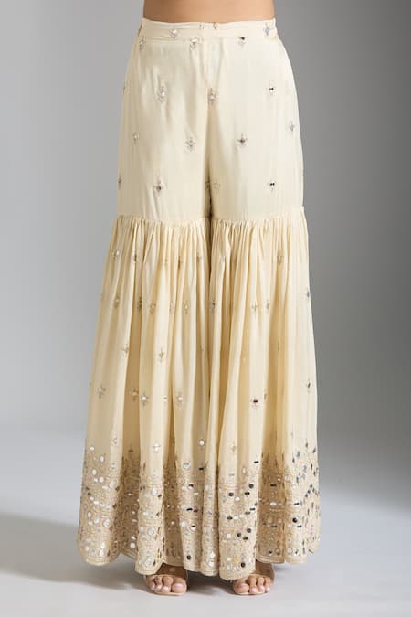 Buy_Gopi Vaid_Ivory Silk, Georgette, Organza Embroidery, Geometric Work Kurta Sharara Set 