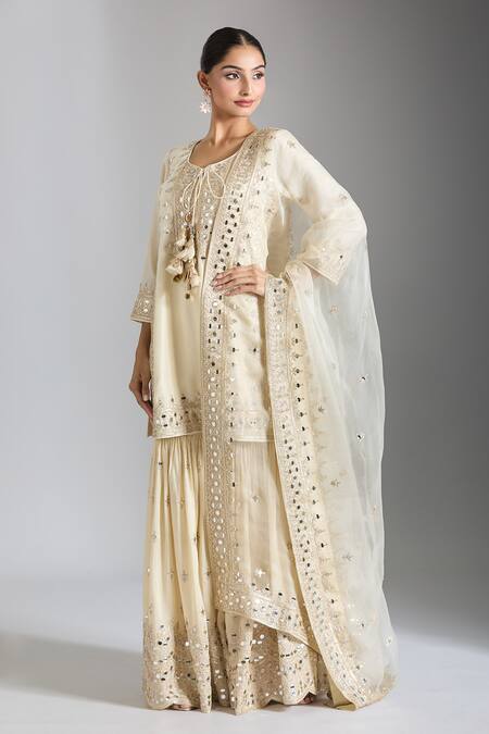 Shop_Gopi Vaid_Ivory Silk, Georgette, Organza Embroidery, Geometric Work Kurta Sharara Set 