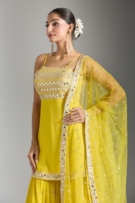 Gopi Vaid_Yellow Tussar, Georgette, Net Sequins, Work Embellished Kurta Sharara Set _Online_at_Aza_Fashions