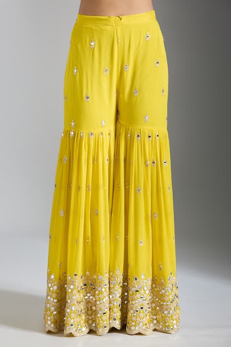 Buy_Gopi Vaid_Yellow Tussar, Georgette, Net Sequins, Work Embellished Kurta Sharara Set _Online_at_Aza_Fashions