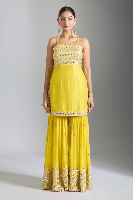 Shop_Gopi Vaid_Yellow Tussar, Georgette, Net Sequins, Work Embellished Kurta Sharara Set _Online_at_Aza_Fashions
