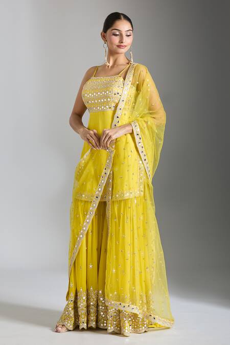 Gopi Vaid_Yellow Tussar, Georgette, Net Sequins, Work Embellished Kurta Sharara Set _at_Aza_Fashions