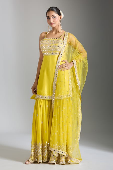 Buy_Gopi Vaid_Yellow Tussar, Georgette, Net Sequins, Work Embellished Kurta Sharara Set 