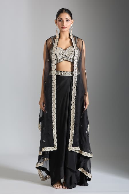 Gopi Vaid Black Mirror Work Cape Draped Skirt Set 