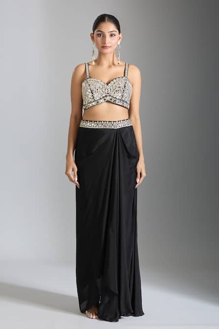 Gopi Vaid Black Tussar, Crepe Mirrors, Sequins Sweetheart Neck Work Cape Draped Skirt Set Online at Aza Fashions Gopi Vaid_Black Tussar, Crepe Mirrors, Sequins Sweetheart Neck Work Cape Draped Skirt Set _Online_at_Aza_Fashions