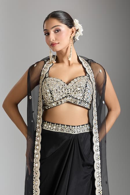 Buy Gopi Vaid Black Tussar, Crepe Mirrors, Sequins Sweetheart Neck Work Cape Draped Skirt Set Online at Aza Fashions Buy_Gopi Vaid_Black Tussar, Crepe Mirrors, Sequins Sweetheart Neck Work Cape Draped Skirt Set _Online_at_Aza_Fashions