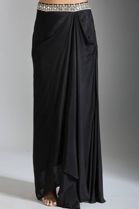 Shop Gopi Vaid Black Tussar, Crepe Mirrors, Sequins Sweetheart Neck Work Cape Draped Skirt Set Online at Aza Fashions Shop_Gopi Vaid_Black Tussar, Crepe Mirrors, Sequins Sweetheart Neck Work Cape Draped Skirt Set _Online_at_Aza_Fashions