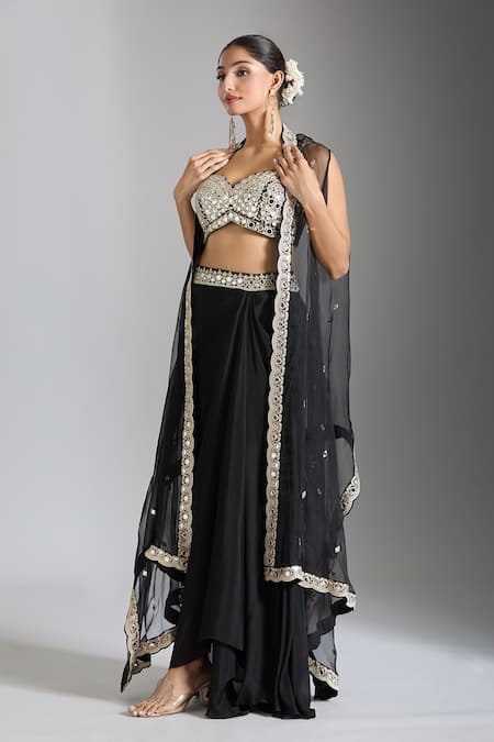 Gopi Vaid Black Tussar, Crepe Mirrors, Sequins Sweetheart Neck Work Cape Draped Skirt Set at Aza Fashions Gopi Vaid_Black Tussar, Crepe Mirrors, Sequins Sweetheart Neck Work Cape Draped Skirt Set _at_Aza_Fashions