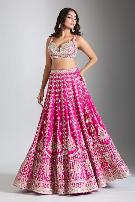 Gopi Vaid Pink Tussar, Organza Mirrors, Embroidery Sweetheart Neck Bloom Lehenga Set Online at Aza Fashions Gopi Vaid_Pink Tussar, Organza Mirrors, Embroidery Sweetheart Neck Bloom Lehenga Set _Online_at_Aza_Fashions